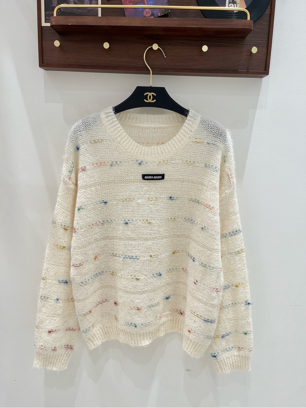 Miu Miu Cream Crewneck Sweater with Multicolor Speckles